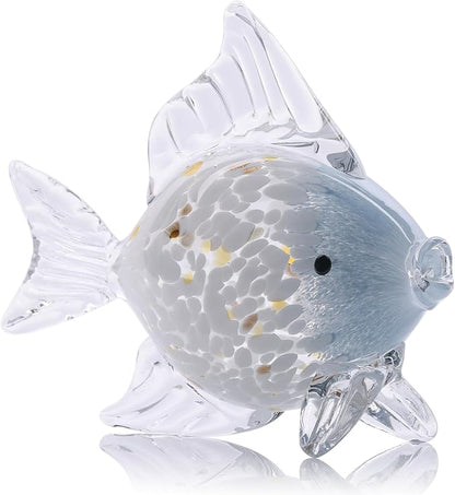 Large Hand Blown Glass Fish Figurines, Aquarium Sea Glass Art, Blue White Fish Statue Sculpture Modern Coastal Accent - for Beach Knick Knacks, Coffee Tables, Nautical Offices Centerpiece