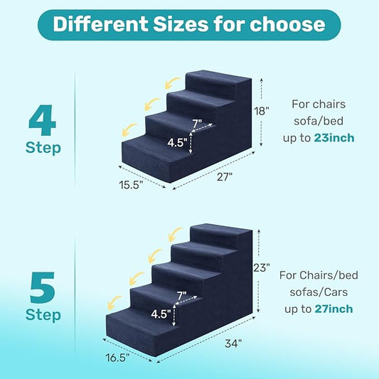 Dog Stairs for Bed, Extra Wide 4-Step Dog Steps for High Bed, High-Density Foam Pet Stairs with Non-Slip Removable Washable Cover for Small Pets, 18" H, Navy