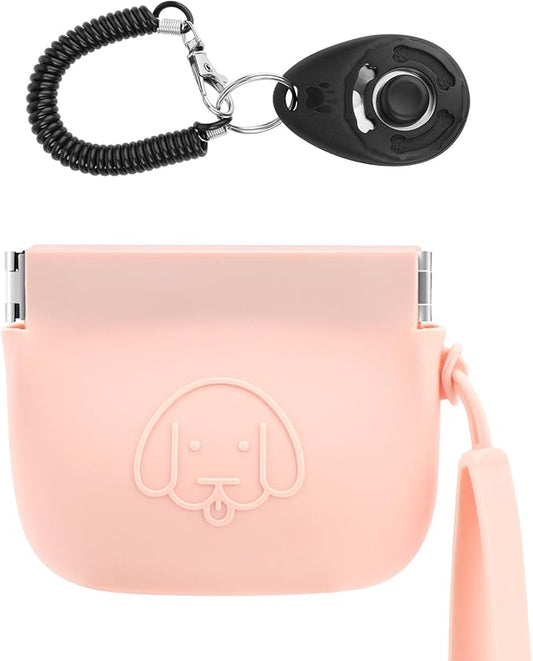 WALLFID Silicone Dog Treat Pouch Small Bag,Auto Closure,with Pet Training Clicker,Walking Bag for Dog and Cat,Pocket Size,Easy to Clean,Odorless,Travel Walking Bag (Pink)