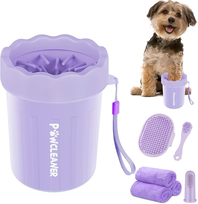 Professional 7 in 1 Dog Paw Cleaner for Dogs & Cats - Includes 1 Portable Paw Washer, 1 Bath Brush, 2 Dog Toothbrushes and 3 Absorbent Towels Note: Fits Paws up to 2 Inches Wide (Small, Purple)