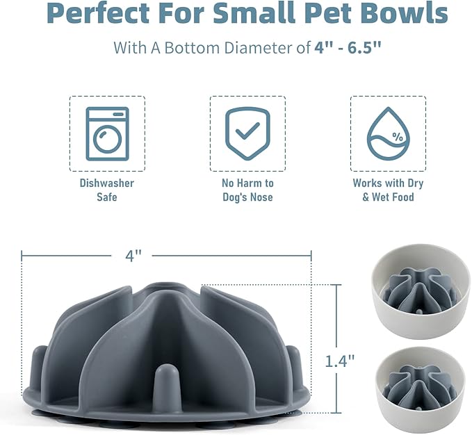 Jaoul Slow Feeder Dog Bowls Insert, Puzzle Slow Feeder Insert with 21 Octopus Suction Cups for Small Breed Dog Food Bowls (4 inch, Grey)