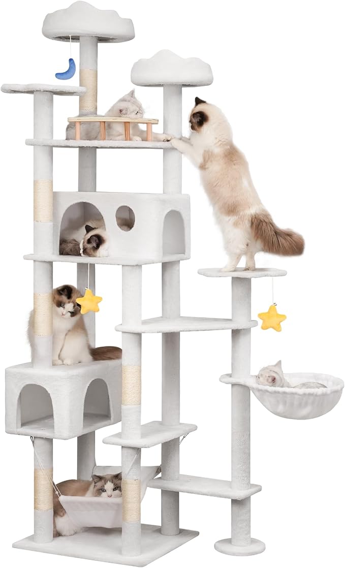 79in Tall Cat Tower for Heavy Duty Big Cats, Large Cat Tree with Scratching Post, Plush Perches, Cozy Cat Condos & Hanging Hammocks for Maine Coon, White