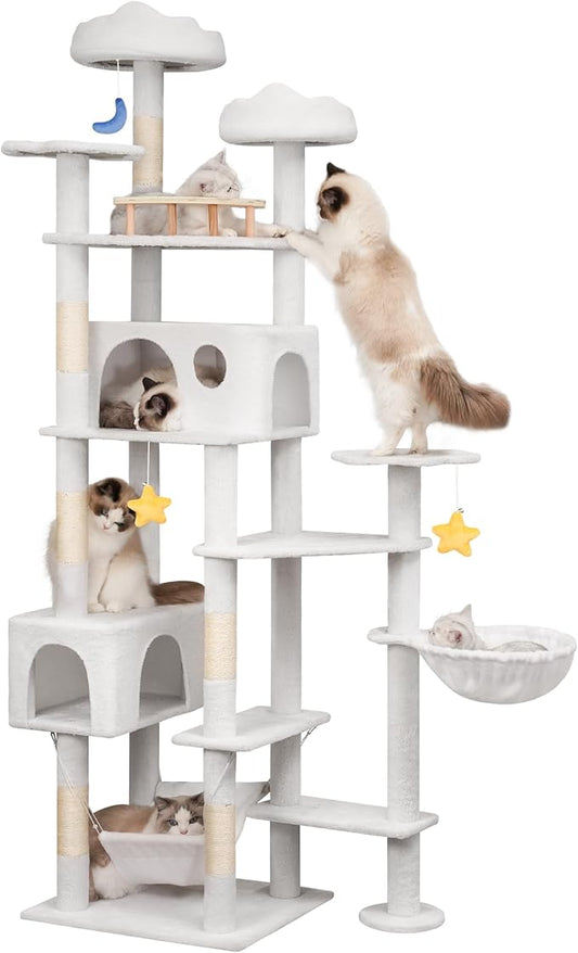 79in Tall Cat Tower for Heavy Duty Big Cats, Large Cat Tree with Scratching Post, Plush Perches, Cozy Cat Condos & Hanging Hammocks for Maine Coon, White