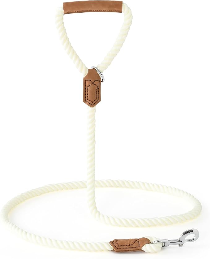 Mile High Life Dog Leash, Braided Cotton Rope Leashes with Leather Handle - Heavy Duty Metal Clasp, 5FT, 1/2" Thick - Wedding, Walking & Training Leash for Small Medium Large Dogs (White)