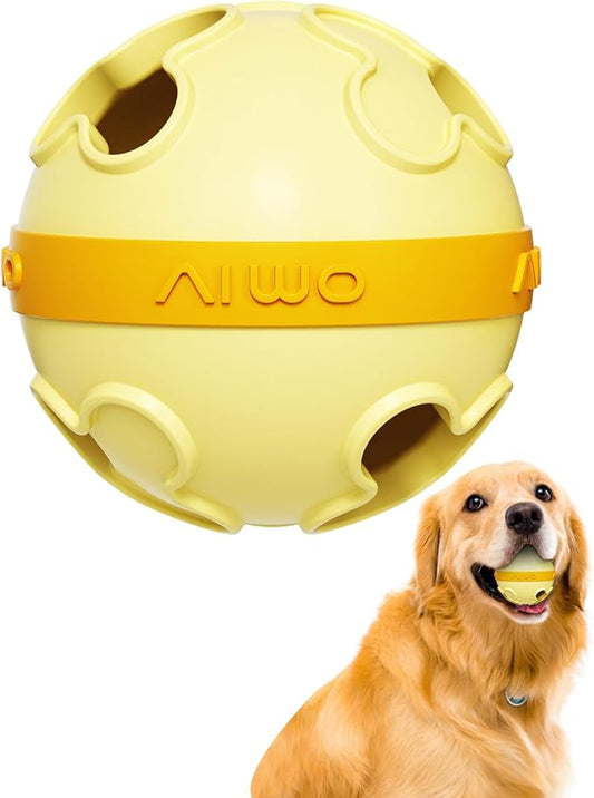 Interactive Dog Treat Dispenser Clover Ball Bite Resistant TPR Puzzle Feeder for All Dog Size Fun Bounce Fetch Toy with Dual Holes, Washable Pet Enrichment Chew Toy for Boredom Relief & Slow Yellow