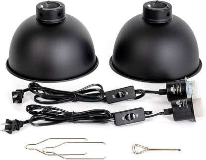 CAVACHEW 2 Pack Reptile Light Fixture, 8.5in Deep Dome Reptile Lamp Fixture, Optical Reflection Cover, Separate Switch & Hook, Terrarium Light Fixture for Reptile Heat Basking UVB Bulbs, 150W, Black