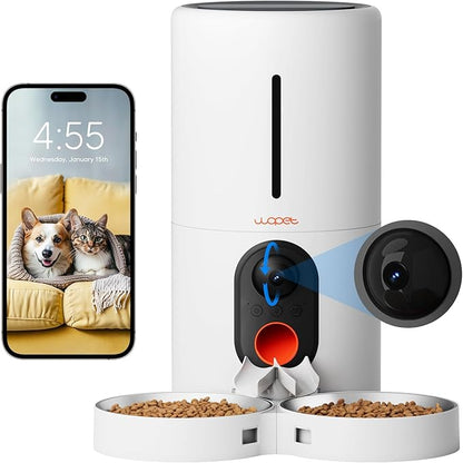WOPET Automatic Cat Feeder with Camera for Two Cats, 6L Automatic Dog Feeder with HD Video and Night Vision, 5G/2.4G WiFi Pet Feeder for Cats & Dogs, SD Card Storage & 2-Way Audio
