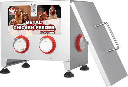 Sidasu 40 lbs 6 Port Galvanized Chicken Feeder with Adjustable Height,Locking Lid&Riveted Handles,Large Capacity Rainproof Automatic Chicken Feeders Silver
