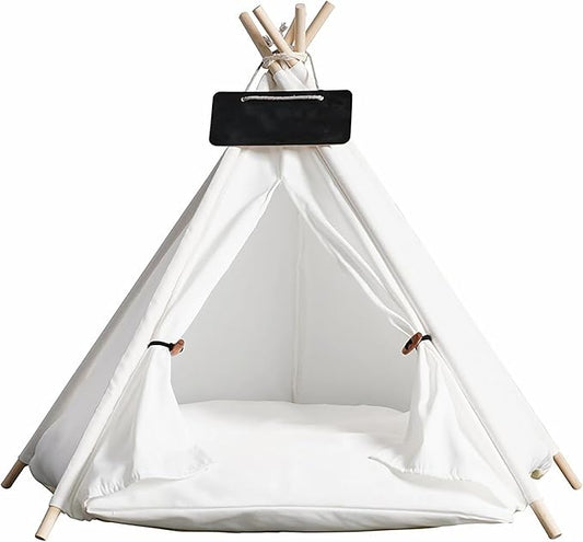 Dog Cat Teepee Tent Bed,Portable Pet Teepee for Small Animals Removable & Washable,Indoor Dog House with Cozy Cushion,Cat Teepee for Indoor Cats,Bunny Tent Outdoor (White, L)
