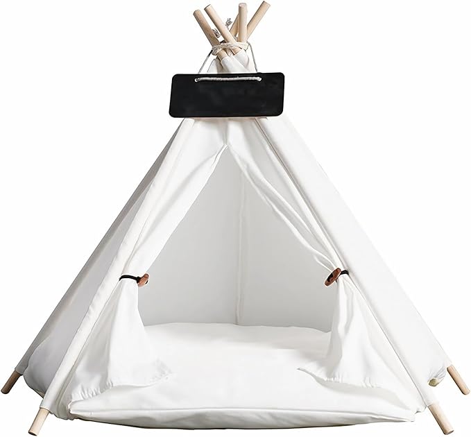 Dog Cat Teepee Tent Bed,Portable Pet Teepee for Small Animals Removable & Washable,Indoor Dog House with Cozy Cushion,Cat Teepee for Indoor Cats,Bunny Tent Outdoor (White, M)