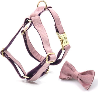 Personalized Velvet Dog Collars with Pet Name Phone Number Engraved, Custom Adjustable Soft Collar with Metal Buckle for Small Medium Large Dogs, Dog Leash and Bow Tie Available -Pink Purple