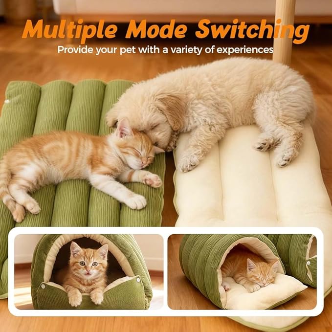 Cat Dog Cave Bed, 2026 New Winter Cave for Dog and Cat, Warm Plush Covered Cat House with Removable Cushion, Soft Sleeping Bed for Indoor Cats (Green, Large)