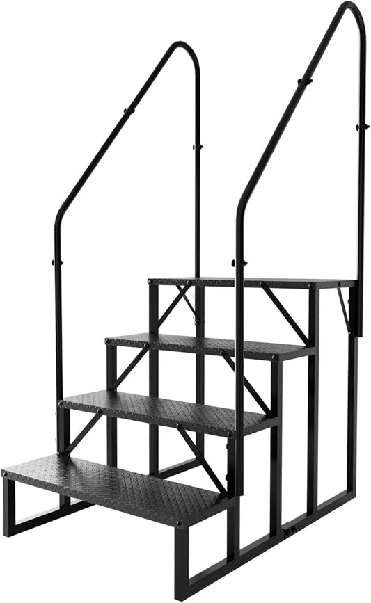 RV Step Stool, 4 Step Ladder, Hot Tub Steps with Handrail, Portable Pool Ladder, 660Lbs Heavy Duty Ladder Shelf Outdoor Mobile Home Stairs for Camper/Porch/SPA Pool/Pet Stairs(2 handrails)