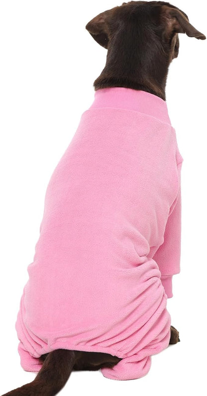 Dog Pajamas Winter Fleece Sweaters Soft Cozy 4 Legs Onesie for Medium Dogs Girl Cold Weather Pet Jumpsuit Pjs for Sensitive Skin Warm Jammies for Sleeping Walking, Pink M
