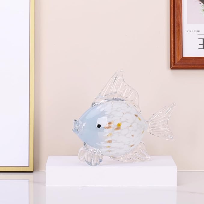 Large Hand Blown Glass Fish Figurines, Aquarium Sea Glass Art, Blue White Fish Statue Sculpture Modern Coastal Accent - for Beach Knick Knacks, Coffee Tables, Nautical Offices Centerpiece