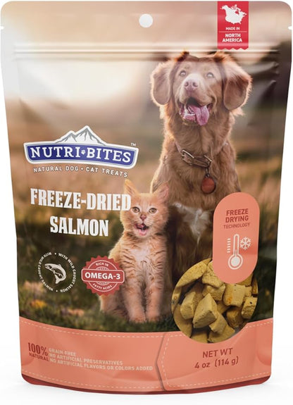 Nutri Bites Freeze Dried Salmon Dog & Cat Treats 4 oz | Healthy Pet Training Treats or Food Topper | All Natural, 1 Single Animal Protein, High Protein