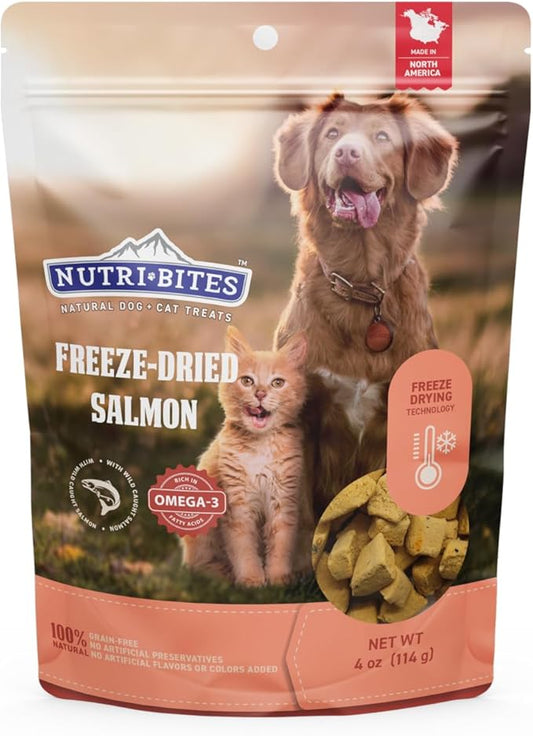 Nutri Bites Freeze Dried Salmon Dog & Cat Treats 4 oz | Healthy Pet Training Treats or Food Topper | All Natural, 1 Single Animal Protein, High Protein