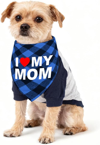 GreenJoy Cute Plaid Dog Bandana – Washable Pet Triangle Scarf for Small, Medium, Large Dogs and Cats, Adjustable Pet Accessory for Birthday, Wedding and Christmas (Blue (Mom), Small)