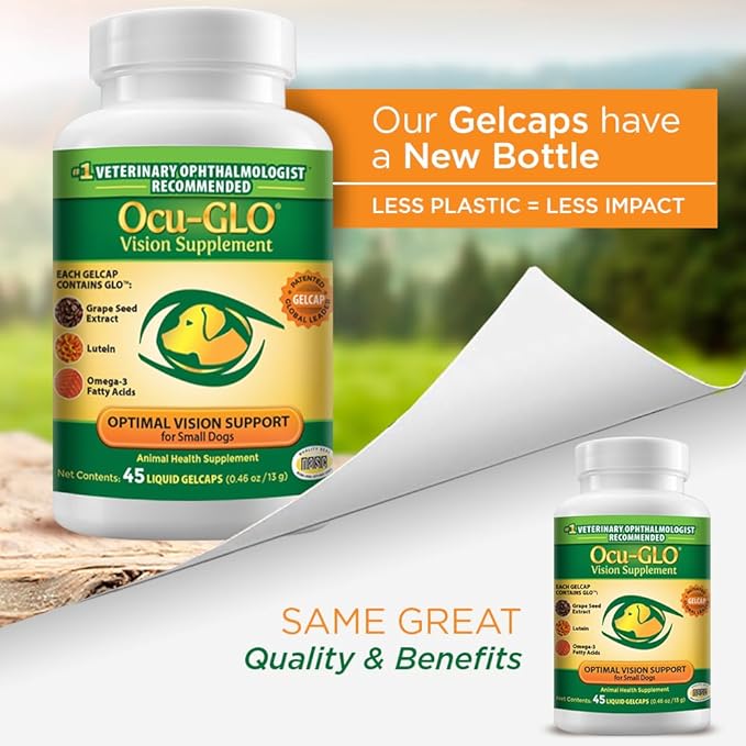 Ocu-GLO Vision Supplement for Small Dogs by Animal Necessity with Lutein, Omega-3 Fatty Acids, Grape Seed Extract and Antioxidants to Promote Eye Health in Dogs, 45ct Liquid Gelcaps