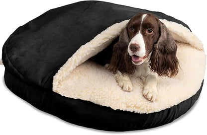 Snoozer Cozy Cave Dog Bed - Indoor Dog Bed with Cover Cave, Covered Calming Burrow for Small & Medium Sized Pets with Blanket Attached, Enclosed, Removable Washable Cover - Large, Black