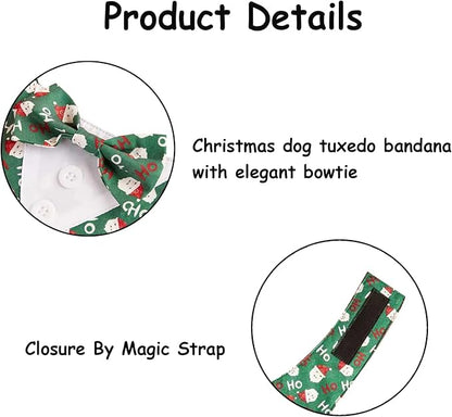 HDGDT Adjustable Green Santa Christmas Dog Tuxedo Bandana with Bow Tie - Holiday Pet Outfit Costume for Dogs XS to XL