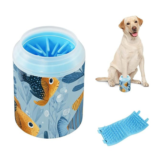 Dog Paw Cleaner Cups for Dogs Pets Foot Washer Paw Scrubber for Medium Small Dogs Cats Cleaning Cup Light Blue Tropical Fish Bubbles and Seaweed