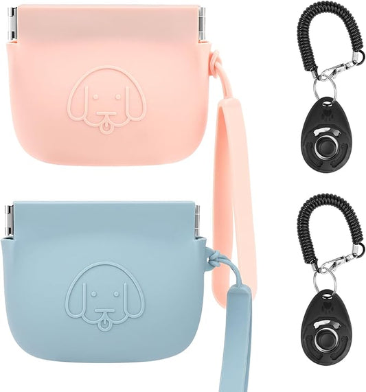 WALLFID Silicone Dog Treat Pouch Small Bag,Auto Closure,with Pet Training Clicker,Walking Bag for Dog and Cat,Pocket Size,Easy to Clean,Odorless (Blue and Pink)