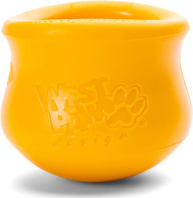 WEST PAW Toppl Durable Dog Treat Puzzle Toy for Small to Medium Dogs- Engaging Interactive Chew Toy for Mental Stimulation, Slow Feeding- Quarter Cup Capacity - Sunflower Yellow, Small