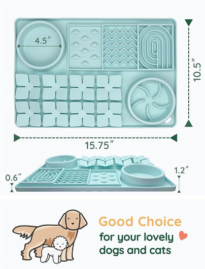 Slow Feeder Bowl for Dogs and Cats, Silicone Lick Mat & Snuffle Mat with Suction Cups - Interactive Puzzle Feeder, Slow Eating, Keep Busy and Reduce Vomiting (15.75" x 10.5" Mint Green)