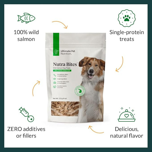 ULTIMATE PET NUTRITION Nutra Bites Freeze Dried Raw Single Ingredient Training Treats Food Topper for Dogs, 4 Ounces, Wild Salmon