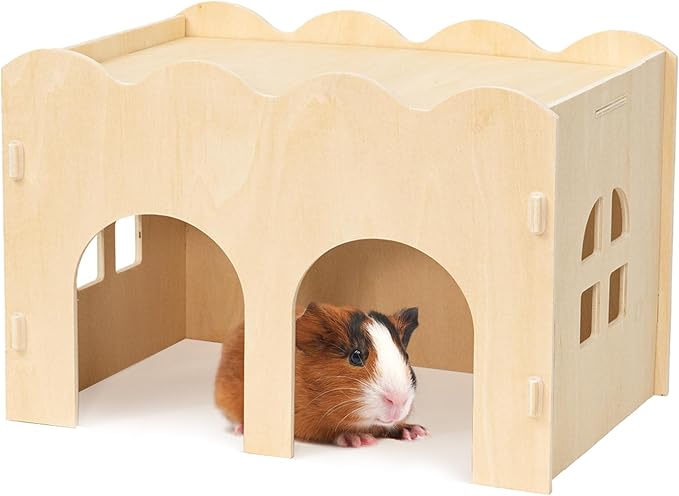 Bifeaw Guinea Pig Hideout, Natural Wooden Chew Proof Hideaway Hut for Small Pets (Wood, Guinea Pig)