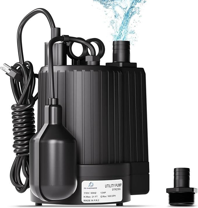 D-HONOR Sump Pump, Submersible Water Pump 1/3 HP 1600 GPH with Float Switch, Automatic Utility Pump for Pool, Pond, Garden, Flooded Basement, Aquarium, and Irrigation, with 10 Ft Power Cord