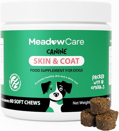 Skin and Coat Supplement for Dogs | Omega 3 Fatty Acid Formula to Support Canine Healthy Skin, Reduce Shedding, and Improve a Glossy, Shiny Coat | 60 Tasty Soft Chews 180g (6.35 oz) | by MeadowCare
