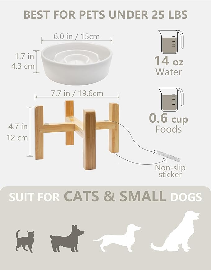 Ceramic Slow Feeder Dog Bowls Elevated, 0.6 Cup Slow Feeder for Small Dogs and Cats, Puzzle Maze Bowl, Prevents Choking, 6in, White