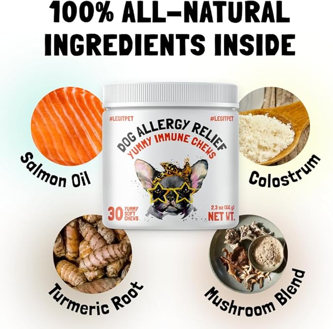 Allergy Relief Chews for Dogs & Immune & Digestive Supplement with Wild Salmon Oil Kelp Colostrum Turmeric Probiotics & Bee Pollen for Seasonal Allergies Anti Itch, Skin Hot Spots 30 Soft Treats