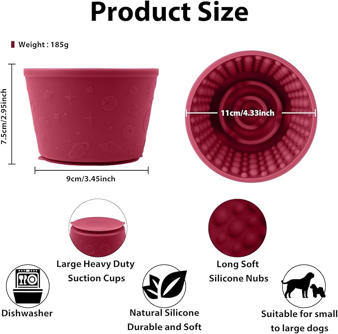 Dog Slow Feeder Lick Bowl - Non-Slip Licking Treat Dispenser for Small Medium Large Dogs, Promotes Anxiety Relief & Prevents Choking, Easy to Clean Feeding Bowl (Wine Red, S)