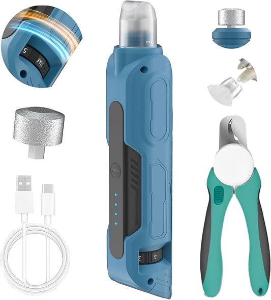 PAPIFEED High Torque Dog Nail Grinder Quiet - 6-Speed Adjustable Dog Nail Trimmers with 2 LED Lights & Dust-Proof Cover, Powerful Motor for Large/Medium/Small Dogs & Cats, Rechargeable - Dark Blue Kit