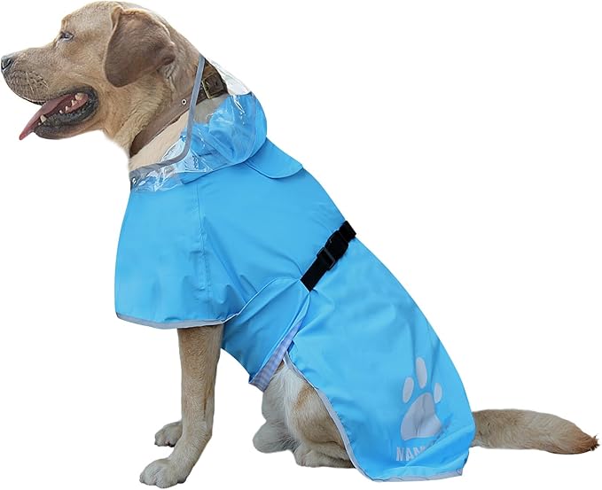 Waterproof Dog Raincoat, Reflective Adjustable Hooded Dog Rain Coat, Lightweight Breathable Pet Rain Jacket Poncho Double Layer with Leash Hole for Small Medium Large Dogs (Blue, Small)
