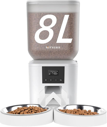 Automatic Cat Feeder for 2 Cats - 8L/34 Cups Large Capacity Auto Food Dispenser with LCD Screen, 2 Food Trays, Timed Cat Feeder, Up to 50 Portions 6 Meals Per Day, Keep Fresh