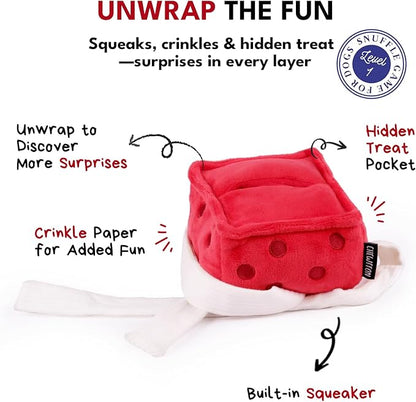 CHEWFFON Dog Birthday Toy, Interactive Snuffle Treat Dispensing Puzzle Toy with Gift Box Design, Squeaky & Crinkle Plush Dog Toys, Suitable for All Breeds