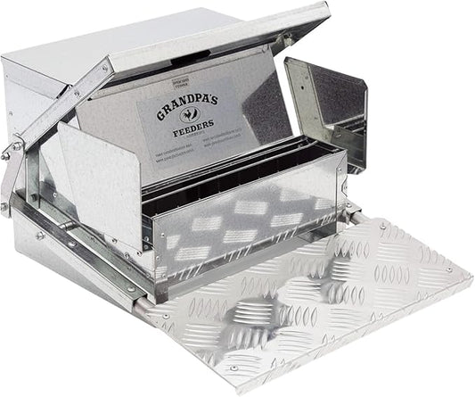 Grandpas Feeders Automatic Chicken Feeder - 20 lbs No Waste Poultry Feeder, Rat Proof & Rodent Proof Treadle Chicken Feeder, Galvanized Steel with Lid, Feeds 6 Chickens up to 10 Days