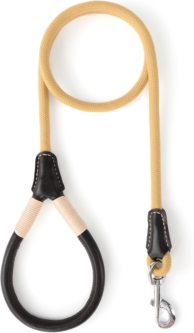 Mile High Life Genuine Leather Wrapped Handle Dog Leash, w Heavy Duty Clasp Rope Leash for Small Medium Large Dogs (Yellow, 6FT)