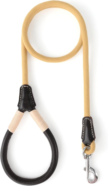 Mile High Life Genuine Leather Wrapped Handle Dog Leash, w Heavy Duty Clasp Rope Leash for Small Medium Large Dogs (Yellow, 6FT)