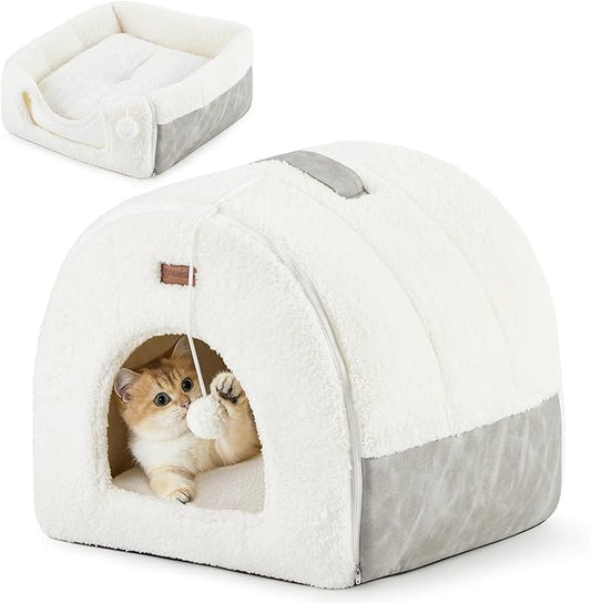Cat Bed Cave for Indoor Cats - 2 in 1 Cat Hideaway Hut Fully Machine-Washable, Covered Kitten House Bed with Cushioned Pillow, Cute Small Pet Tent with Non-Slip Bottom, 15 Inches