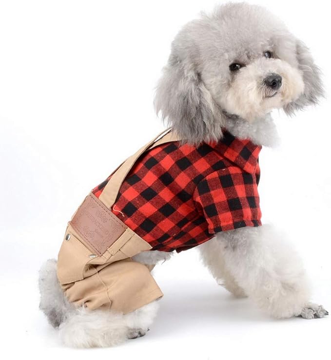 SMALLLEE_LUCKY_STORE Pet Clothes for Small Dog Cat Red Plaid Shirts Sweater with Khaki Overalls Pants Jumpsuit Outfits M