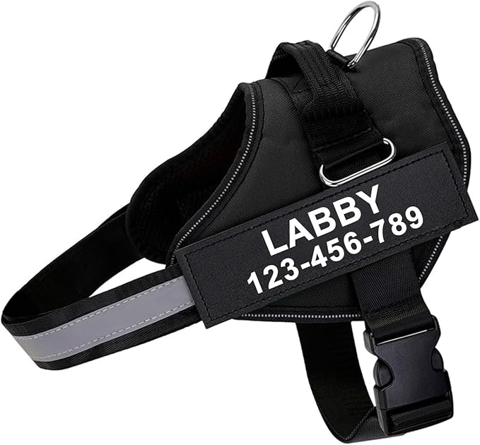 Custom No Pull Dog Harness with Name and Phone Number, Reflective Heavy Duty Personalized Pet Vest, Breathable Adjustable Harness (Black, XL)