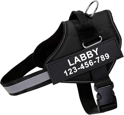 Custom No Pull Dog Harness with Name and Phone Number, Reflective Heavy Duty Personalized Pet Vest, Breathable Adjustable Harness (Black, XL)