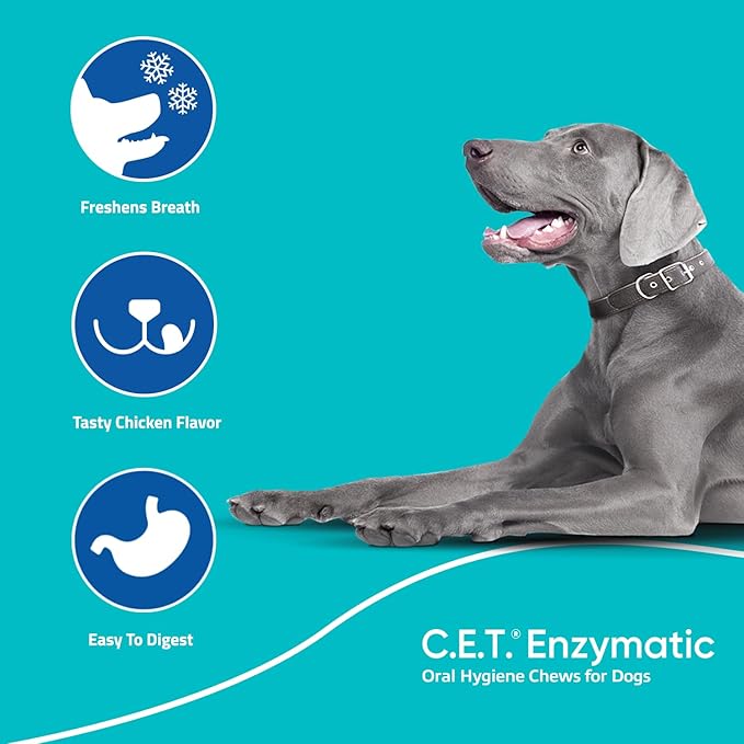 C.E.T. Enzymatic Oral Hygiene Chews for Dogs - Plaque & Tartar Control - Single Layer Beefhide with Exclusive Dual-Enzyme System & Tasty Chicken Flavor - Easy to Give Dog Dental Chew