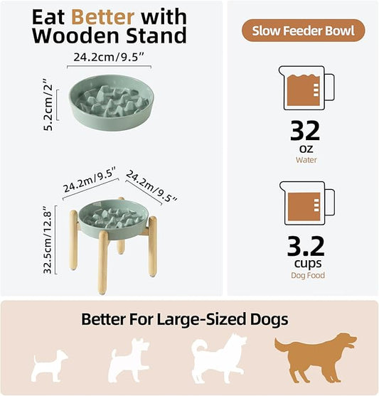 Ceramic 3.2 Cup Dog Raised Slow Feeder Set, Elevated Bowl with Wooden Stand for Large Dog, 9.5inch Slow Feeder Dish for Fast Easters, Anti-Gulping(Light Green, Single Bowl+ Stand)