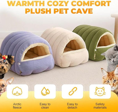 Winter Cave,Warmth Cozy Comfort Plush Pet Cave,Cute Cozy Safe Hideaway Cat Bed with Removable Cushion,Warm Soft Removable Washable for Cats and Dogs (Purple Plaid, M: 18.89 * 11.81 * 7.87 in)
